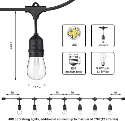 48Ft LED Outdoor String Lights with 0.9W Shatterproof Bulbs for Patio, Backyard, Porch, Commercial Light String